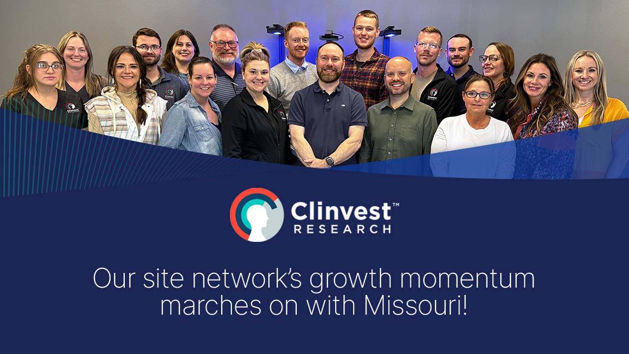 A photo of employees from Clinvest Research smile at the camera. The Clinvest logo sits above the text "Our site network’s growth momentum marches on with Missouri!"