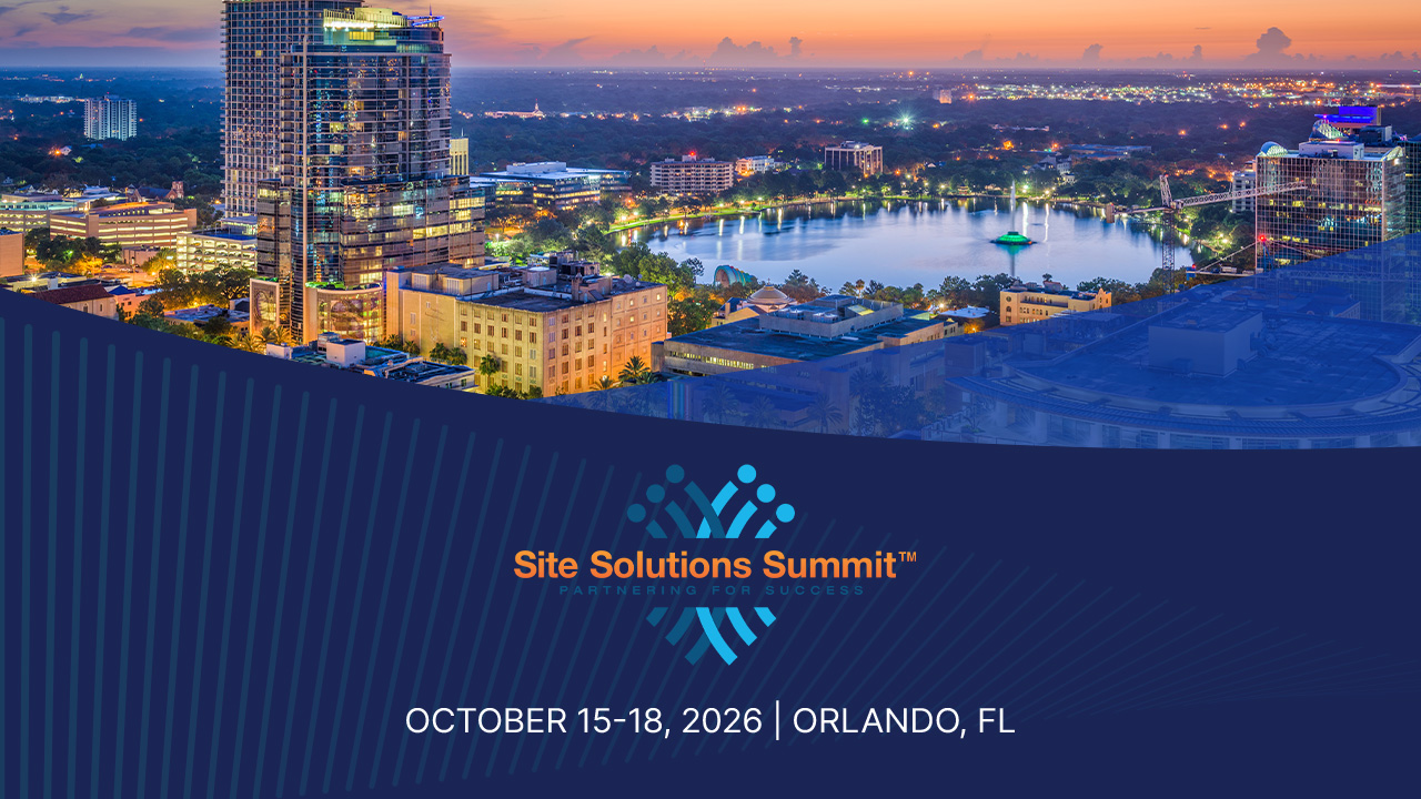 Promotional graphic for the Site Solutions Summit, featuring an Orlando, Florida skyline at sunset and event dates, October 15–18, 2026.